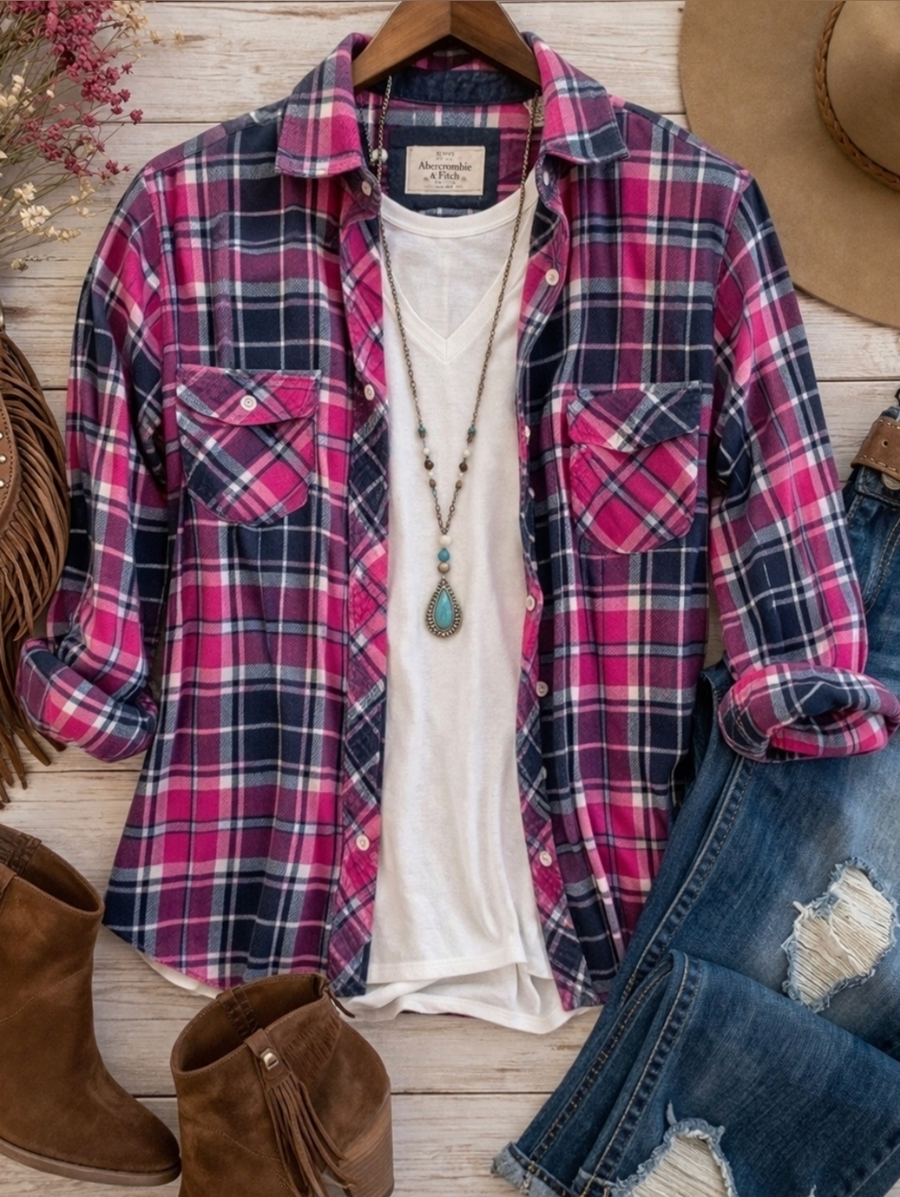 Weatherproof Pink and Blue Plaid Button-Down Shirt Size L